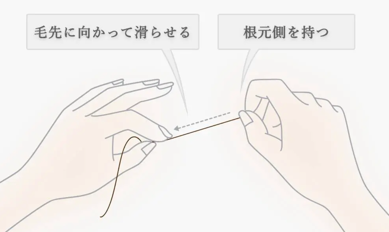 指先でくせ毛の根本をつまんで毛先に向けて触っていく